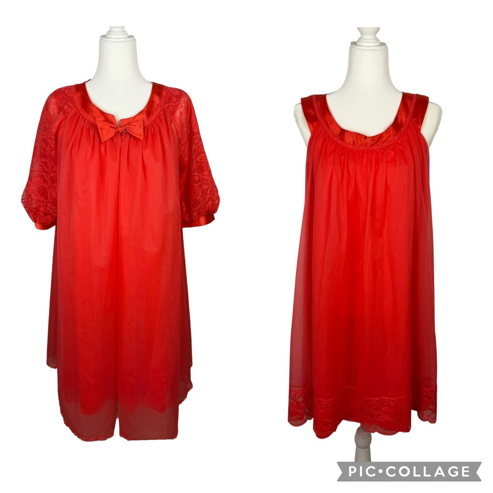 Vanity Fair Vintage 2PC Nightgown Robe Set Womens S Coral Red Lace Trim Lingerie